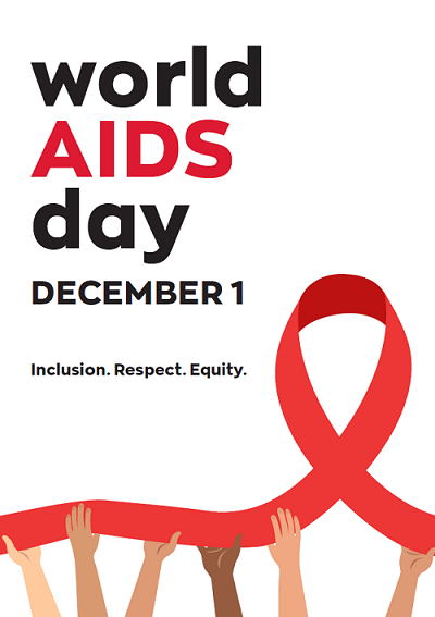 World Aids Day poster image featuring many hands holding up a red ribbon